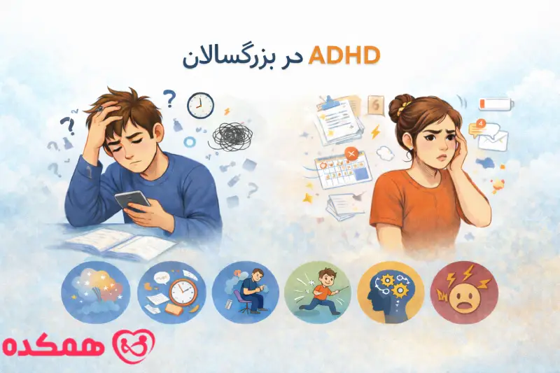 تصویر علائم ADHD در بزرگسالان با نمایش مرد و زن دچار حواس پرتی، بی نظمی و استرس